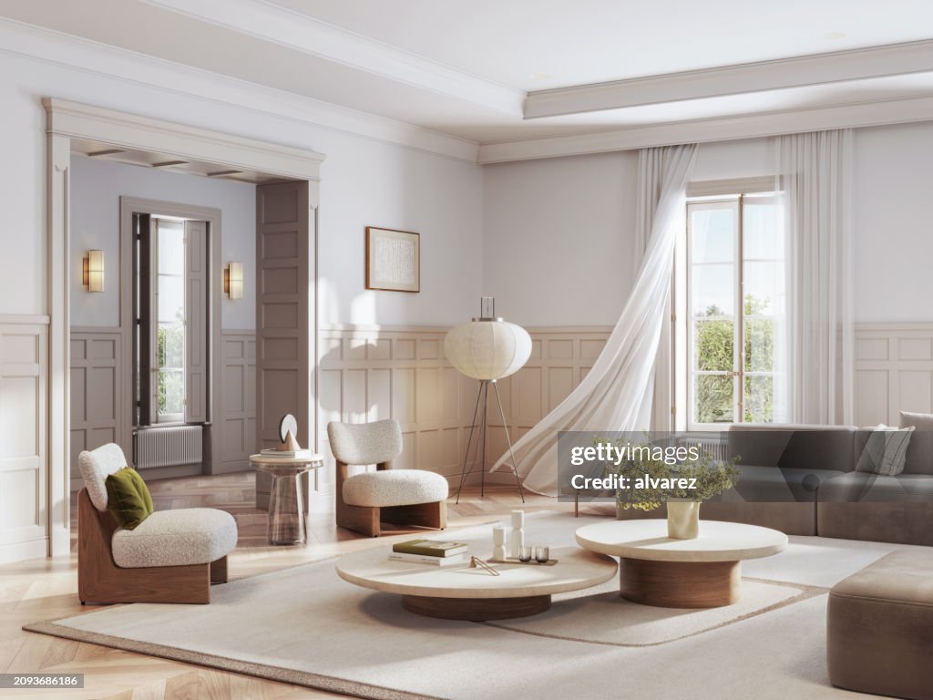 Computergeneriertes, gemütliches Wohnzimmer mit modernem Dekor