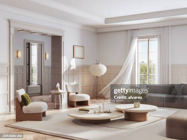 sala de estar hogareña generada por computadora con decoración moderna - interiores-modelos fotografías e imágenes de stock