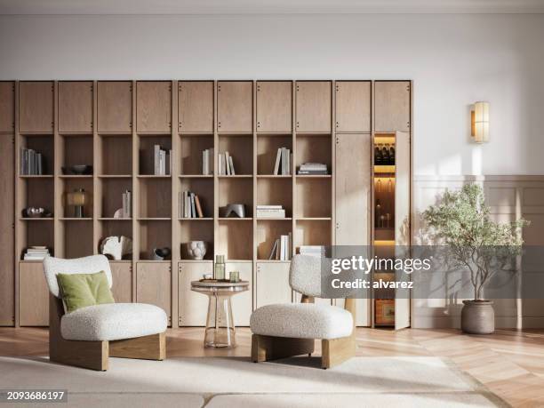 virtual styling of sunlit living room with wooden bookshelf - home showcase interior stock pictures, royalty-free photos & images
