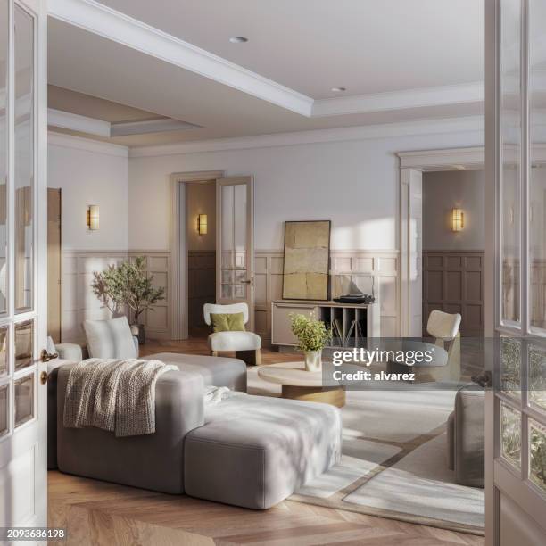 spazio abitativo open-concept allestito digitalmente - soggiorno foto e immagini stock