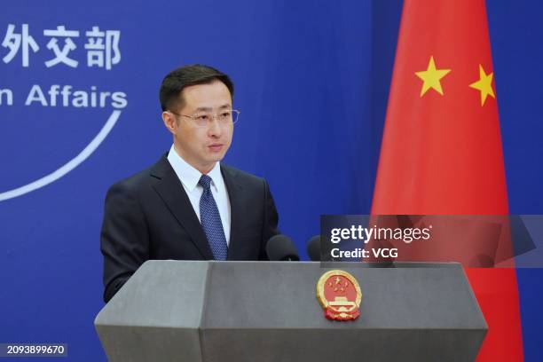 Lin Jian, new spokesman for China's Foreign Ministry, attends a regular press conference on March 18, 2024 in Beijing, China.