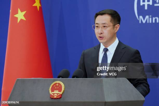 Lin Jian, new spokesman for China's Foreign Ministry, attends a regular press conference on March 18, 2024 in Beijing, China.