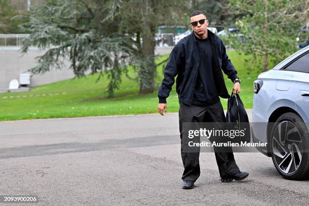 Kylian Mbappe arrives at Centre National du Football as part of the French national team's preparation for upcoming friendly football matches on...