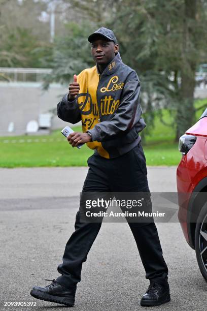 Randal Kolo Muani arrives at Centre National du Football as part of the French national team's preparation for upcoming friendly football matches on...