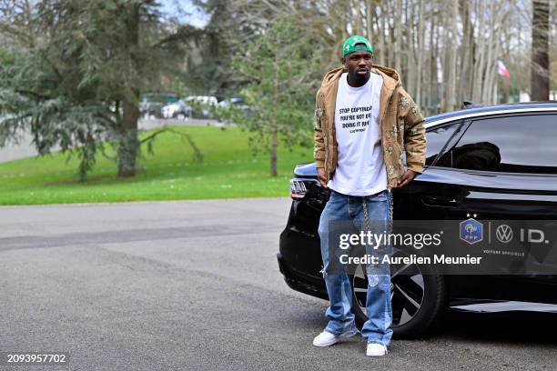 Marcus Thuram arrives at Centre National du Football as part of the French national team's preparation for upcoming friendly football matches on...