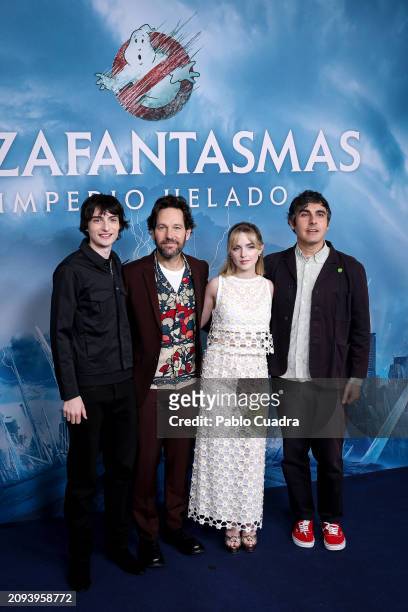 Actors Finn Wolfhard, Paul Rudd, Actress Mckenna Grace and director Gil Kenan attend the 'Cazafantasmas: El Imperio Helado' photocall at Mandarín...