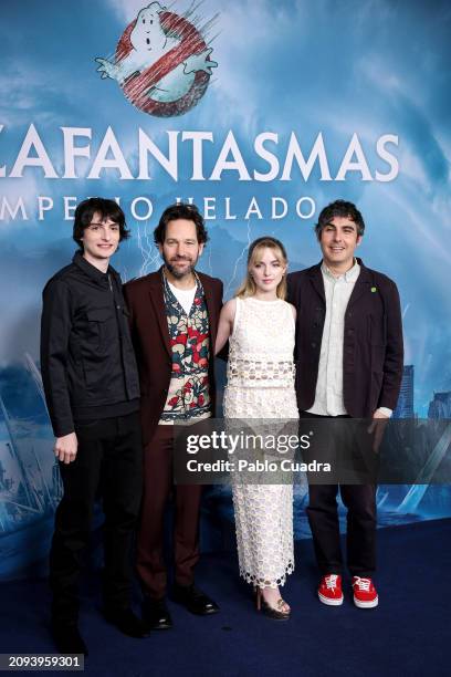 Actors Finn Wolfhard, Paul Rudd, Actress Mckenna Grace and director Gil Kenan attend the 'Cazafantasmas: El Imperio Helado' photocall at Mandarín...