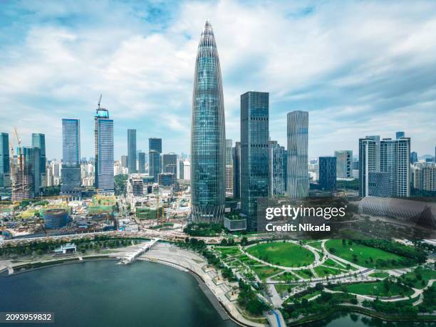 aerial view of shenzhen skyline with modern skyscrapers - shenzhen stock pictures, royalty-free photos & images