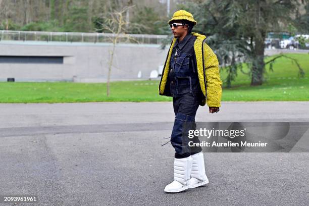 Jules Kounde arrives at Centre National du Football as part of the French national team's preparation for upcoming friendly football matches on March...