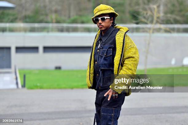 Jules Kounde arrives at Centre National du Football as part of the French national team's preparation for upcoming friendly football matches on March...