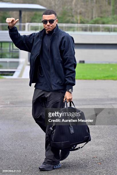 Kylian Mbappe arrives at Centre National du Football as part of the French national team's preparation for upcoming friendly football matches on...
