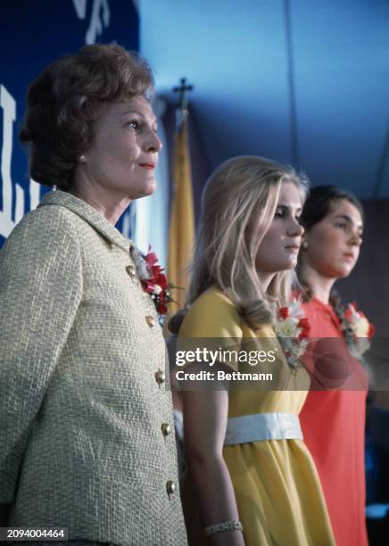 Pat Nixon with daughters Tricia and Julie at the start of Richard Nixon's presidential primary campaign in Manchester, New Hampshire, February 3rd...