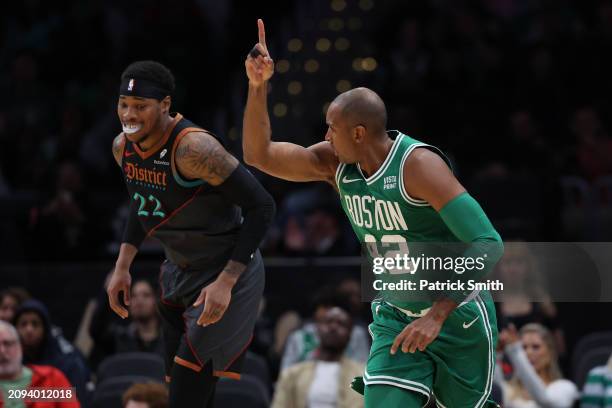 Al Horford of the Boston Celtics celebrates after scoring against the Washington Wizards during the first half at Capital One Arena on March 17, 2024...