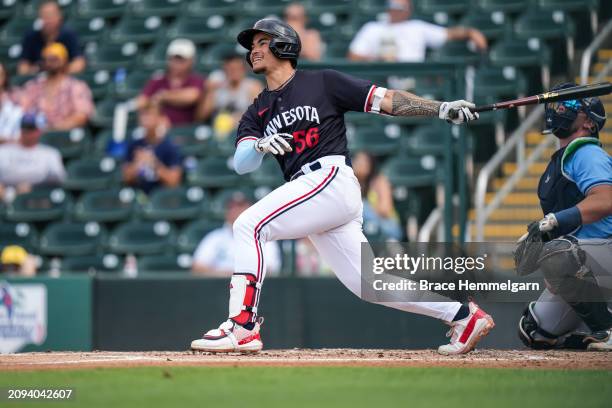 Kalai Rosario of the Minnesota Twins bats during the 2024 Spring Breakout Game between the Tampa Bay Rays and the Minnesota Twins on March 16, 2024...