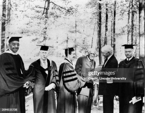 Lincoln University Commencement in 1943, Honorary Degrees ceremony photographed Left to Right: physician Nathan F. Mossell, Lincoln University's...