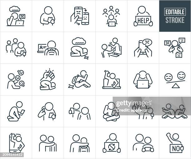 illustrazioni stock, clip art, cartoni animati e icone di tendenza di cyberbullismo icone a linee sottili - tratto modificabile - fragilità