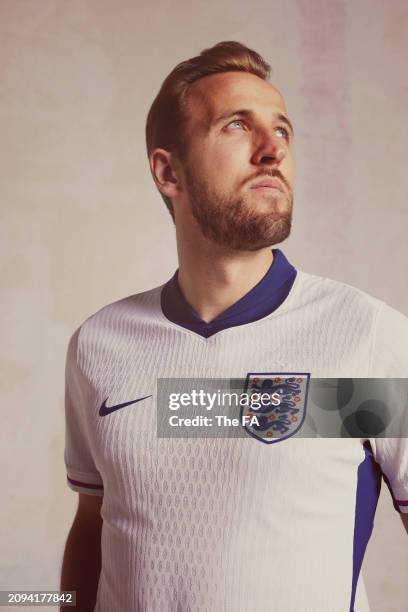 In this image released on March 18 Harry Kane of England Men's Team poses for a photograph during the England Kit Launch at St George's Park on March...