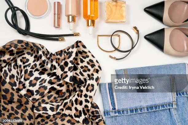 set of fashion collection with trendy fashion clothes and make-up cosmetic products for women in blue and white colours. - yellow belt stock pictures, royalty-free photos & images