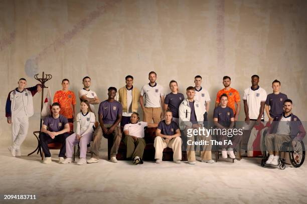 In this image released on March 18 players of England pose for a photograph during the England Kit Launch at St George's Park on March 18, 2024 in...