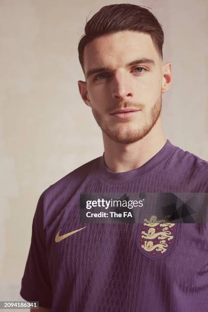 In this image released on March 18 Declan Rice of England Men's Team poses for a photograph during the England Kit Launch at St George's Park on...