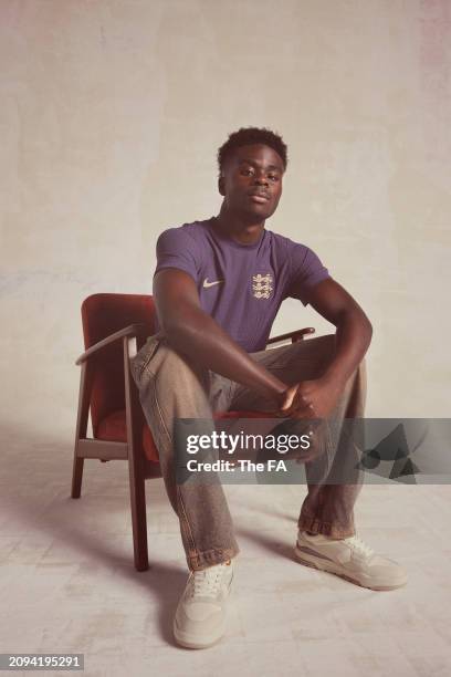 In this image released on March 18 Bukayo Saka of England Men's Team poses for a photograph during the England Kit Launch at St George's Park on...