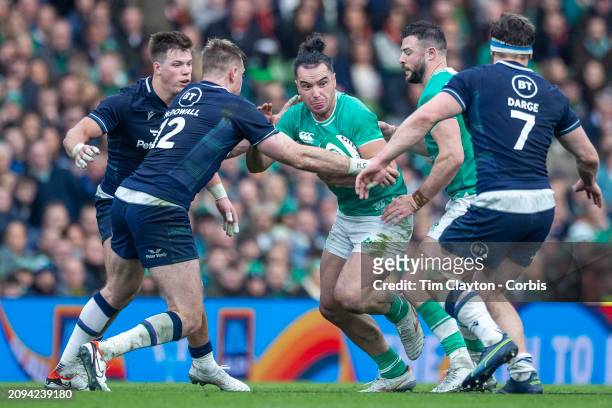 March 16: James Lowe of Ireland is defended by Stafford McDowall of Scotland and Rory Darge of Scotland during the Ireland V Scotland, Six Nations...