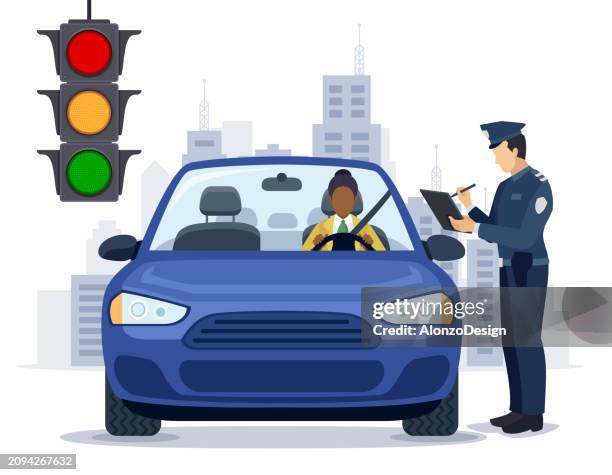 a traffic police officer issued a citation to a female driver for violating traffic regulations. - penalty fee stock illustrations