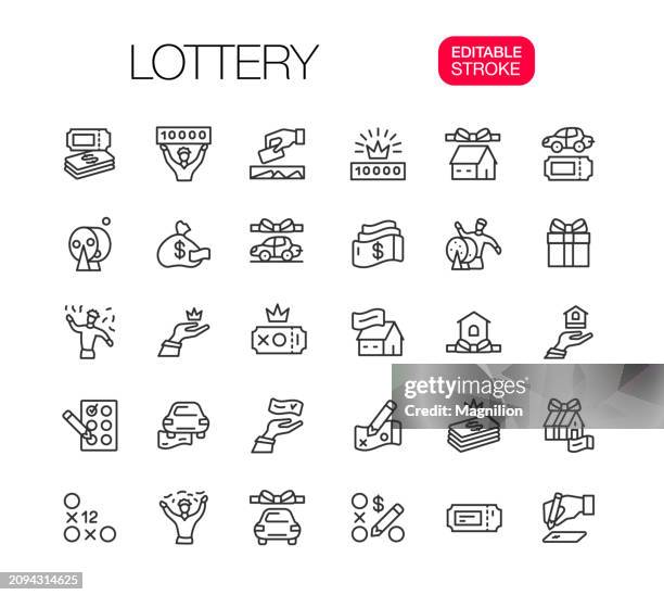 lottery line icons set - car sweepstakes stock illustrations