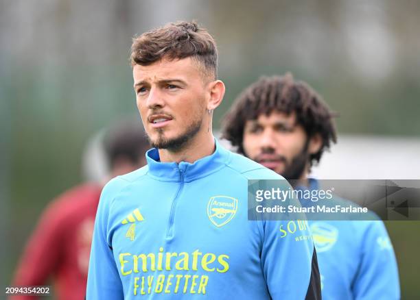 Ben White of Arsenal during a training session at Sobha Realty Training Centre on March 18, 2024 in London Colney, England.