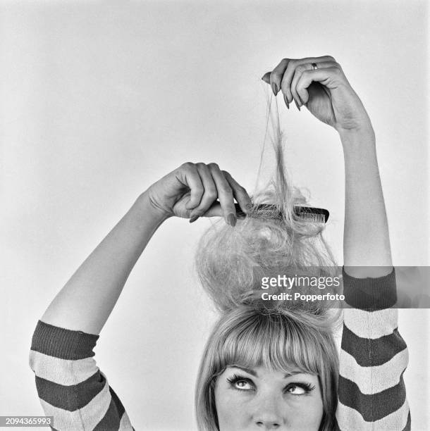 Posed studio portrait of a female fashion model using a plastic comb to back comb and style her blonde hair, London, 3rd November 1962.