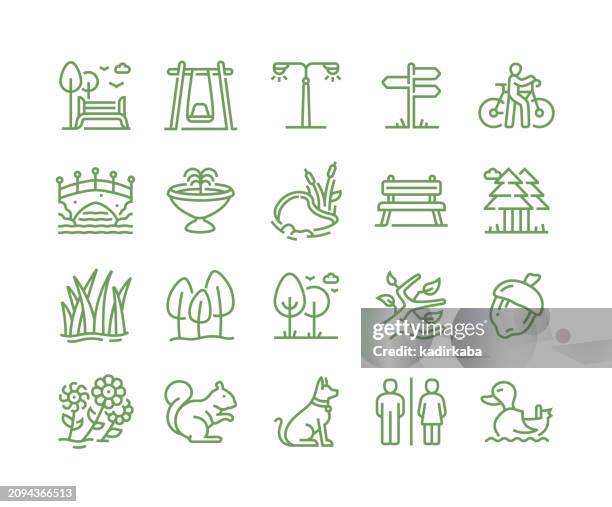 city park line icon set. group of objects, park, bridge, lake, grass, plantlet. - line drawing activity stock illustrations