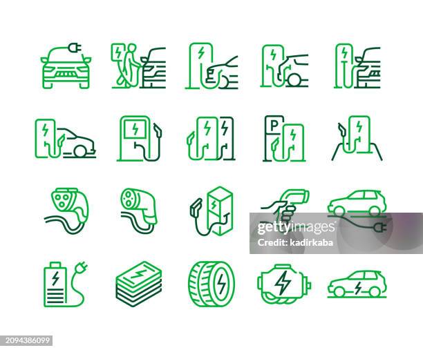 linien-icon-set für elektrofahrzeuge - elektro fahrzeug stock-grafiken, -clipart, -cartoons und -symbole