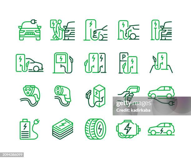 stockillustraties, clipart, cartoons en iconen met electric vehicle line icon set - car charger