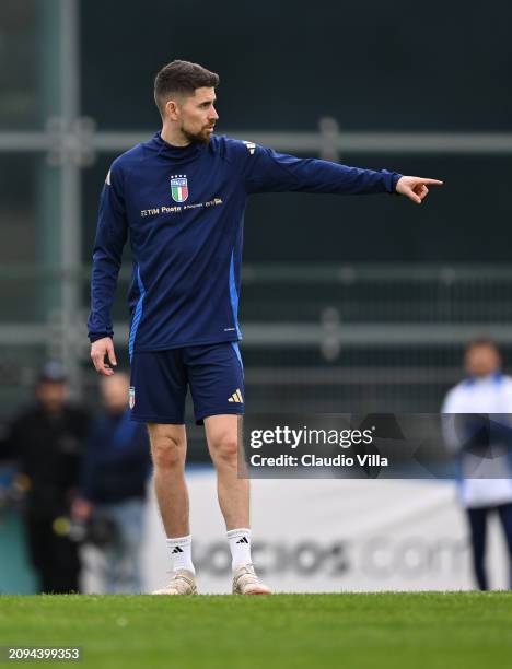 Jorginho of Italy reacts during a Italy training session at Centro Sportivo Giulio Onesti on March 18, 2024 in Rome, Italy.