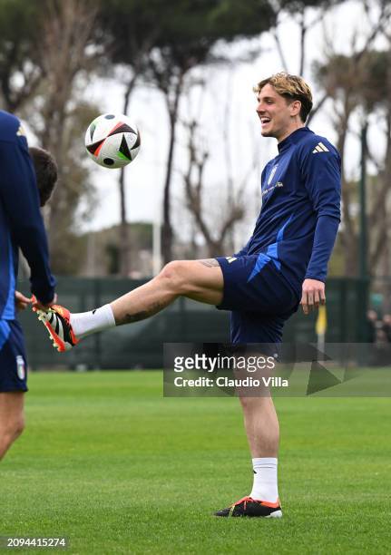 Nicolo Zaniolo of Italy in action during a Italy training session at Centro Sportivo Giulio Onesti on March 18, 2024 in Rome, Italy.