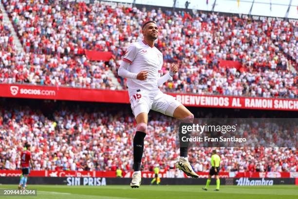 Yousseff En-Nesyri of Sevilla FC celebrates scoring the teams first goal during the LaLiga EA Sports match between Sevilla FC and Celta Vigo at...