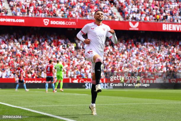 Yousseff En-Nesyri of Sevilla FC celebrates scoring the teams first goal during the LaLiga EA Sports match between Sevilla FC and Celta Vigo at...