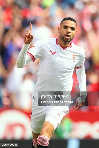 Yousseff En-Nesyri of Sevilla FC celebrates scoring the teams first goal during the LaLiga EA Sports match between Sevilla FC and Celta Vigo at...