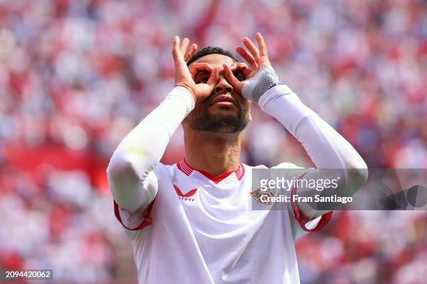 Yousseff En-Nesyri of Sevilla FC celebrates scoring the teams first goal during the LaLiga EA Sports match between Sevilla FC and Celta Vigo at...