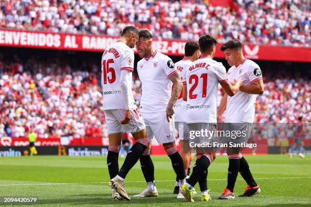 Yousseff En-Nesyri of Sevilla FC celebrates scoring the teams first goal during the LaLiga EA Sports match between Sevilla FC and Celta Vigo at...