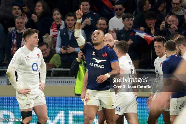Gael Fickou of France celebrates his try during the Guinness Six Nations 2024 match between France and England at Groupama Stadium on March 16, 2024...