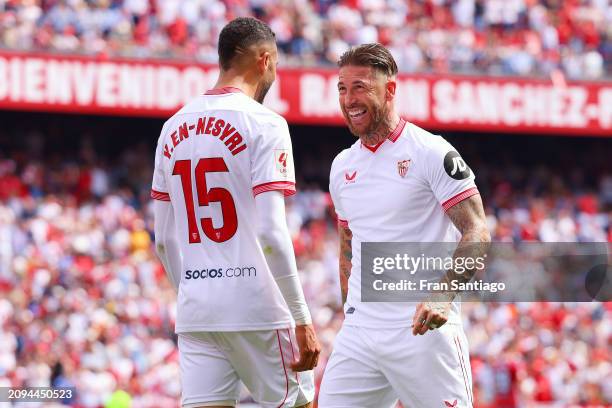 Yousseff En-Nesyri of Sevilla FC celebrates scoring the teams first goal during the LaLiga EA Sports match between Sevilla FC and Celta Vigo at...