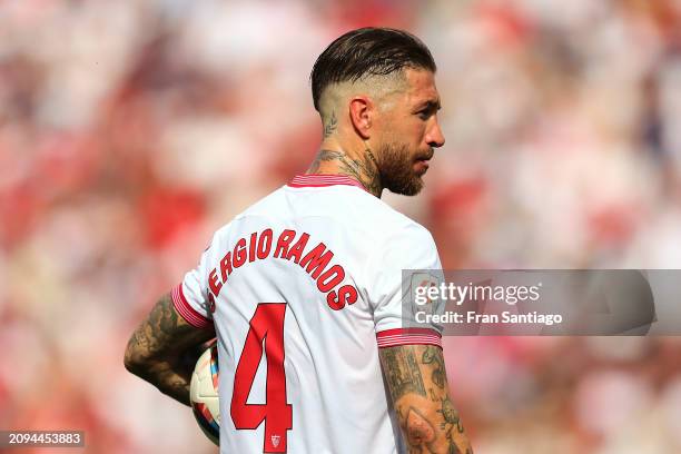 Sergio Ramos of Sevilla FC looks on during the LaLiga EA Sports match between Sevilla FC and Celta Vigo at Estadio Ramon Sanchez Pizjuan on March 17,...