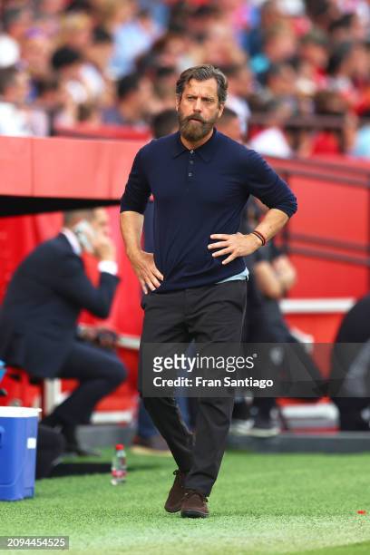 Competes for the ball with XXX during the LaLiga EA Sports match between Sevilla FC and Celta Vigo at Estadio Ramon Sanchez Pizjuan on March 17, 2024...
