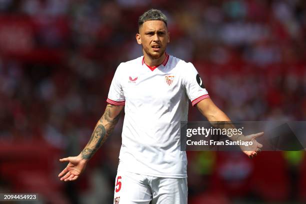 Lucas Ocampos of Sevilla FC looks on during the LaLiga EA Sports match between Sevilla FC and Celta Vigo at Estadio Ramon Sanchez Pizjuan on March...