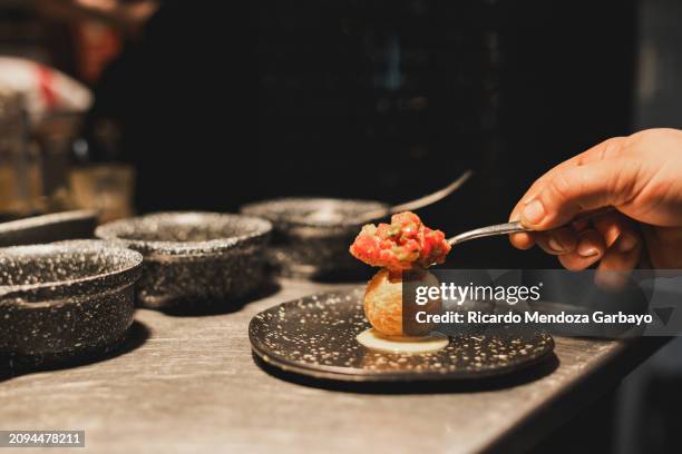 art of plating: a gourmet dish in the making - gourmet stock pictures, royalty-free photos & images