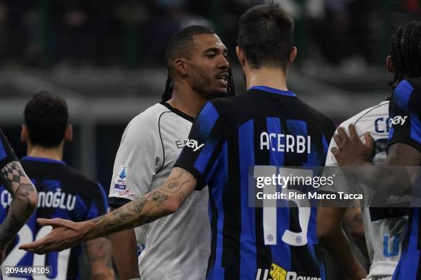 Francesco Acerbi of FC Internazionale talks with Juan Jesus during the Serie A TIM match between FC Internazionale and SSC Napoli at Stadio Giuseppe...