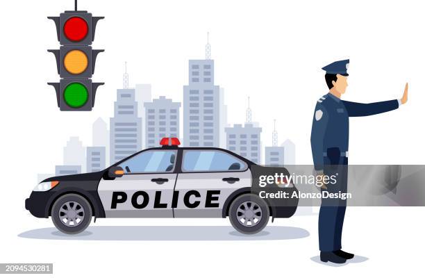 illustrazioni stock, clip art, cartoni animati e icone di tendenza di il poliziotto mostra il gesto di arresto. un poliziotto in uniforme. - ufficiale grado delle forze armate