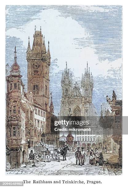 old engraved illustration of the old town hall and the church of mother of god before týn (a gothic church and a dominant feature of the old town) prague, czech republic - arch architectural feature stock-fotos und bilder