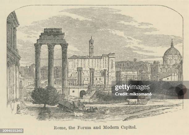 old engraved illustration of roman forum and modern capitol - old rome, italy - foro romano foto e immagini stock